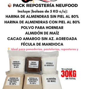 PACK REPOSTERÍA :  HARINA DE ALMENDRAS SIN PIEL AL 80%  5KG +HARINA DE ALMENDRAS CON PIEL AL 80% 5KG+ POLVO PARA HORNEAR 5KG  +ALMIDÓN DE MAÍZ 5KG+ CACAO AMARGO SIN AZ. AGREGADA 5KG + FÉCULA DE MANDIOCA 5KG