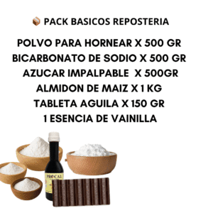 📦 PACK BASICOS REPOSTERIA : POLVO PARA HORNEAR X 500 GR  *BICARBONATO DE SODIO X 500 GR  *AZUCAR IMPALPABLE  X 500GR *ALMIDON DE MAIZ X 1 KG  *CHOCOLATE PARA TAZA 150 GR  *  1 ESENCIA DE VAINILLA