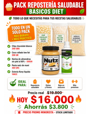 PACK BASICOS DIET : 200 CHIP +200 GR COCO LOW FAT +HARINA DE ALMENDRA NAC 80% X 500 GR+ 1 PASTA DE MANI NUTZ + ESTEVIA 100CM