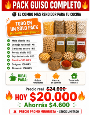 PACK GUISO COMPLETO : 1 MAIZ PISADO BLANCO  + 1KG LENTEJA + 1K GARBANZOS +1KG POROTO ALUBIA +1KG SOJA TEXTURIZADA +100 GR COMINO  + 100 GRS OREGANO  +100 GR PIMENTON