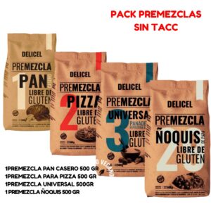 PACK PREMEZCLAS  : 1PREMEZCLA PAN CASERO 500 GR +1PREMEZCLA PARA PIZZA 500 GR  +1PREMEZCLA UNIVERSAL 500GR +1 PREMEZCLA ÑOQUIS 500 GR * DELICEL
