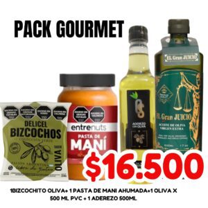 PACK GOURMET : 1BIZCOCHITO OLIVA+ 1 PASTA DE MANI AHUMADA+1 OLIVA X 500 ML PVC + 1 ADEREZO 500ML