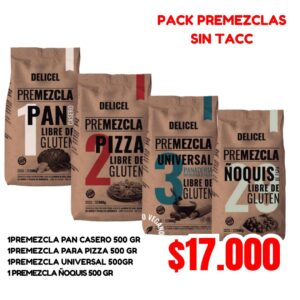 PACK PREMEZCLAS : 1PREMEZCLA PAN CASERO 500 GR +1PREMEZCLA PARA PIZZA 500 GR +1PREMEZCLA UNIVERSAL 500GR +1 PREMEZCLA ÑOQUIS 500 GR * DELICEL