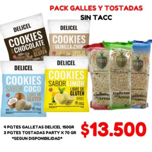 PACK GALLES Y TOSTADAS SIN TACC: 4 PQTES GALLETAS DELICEL 150GR * 3 PQTES TOSTADAS PARTY X 70 GR - *SEGUN DISPONIBILIDAD*