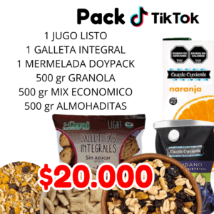 PACK TIKTOK :1 JUGO LISTO 1 GALLETA INTEGRAL 1 MERMELADA DOYPACK 500 gr GRANOLA 500 gr MIX ECONOMICO 500 gr ALMOHADITAS