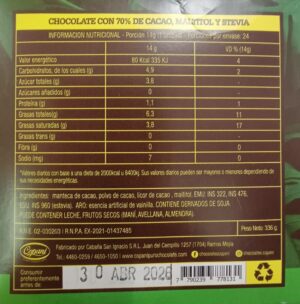 TABLETA  DE  CHOCOLATE 70% STEVIA 14 GRS COPANI - Image 2