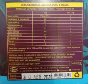 TABLETA  DE  CHOCOLATE COCO CON STEVIA  14 GRS COPANI - Image 2