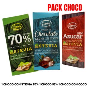 PACK CHOCO : 1 CHOCO CON STEVIA 70% 1 CHOCO 55% 1 CHOCO CON COCO