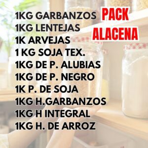 PACK ALACENA :1KG GARBANZOS 1KG LENTEJAS 1K ARVEJAS 1 KG SOJA TEX. 1KG DE P. ALUBIAS 1KG DE P. NEGRO 1K P. DE SOJA 1KG H.GARBANZOS 1KG H INTEGRAL 1KG H. DE ARROZ