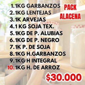 PACK ALACENA  : 1KG GARBANZOS+ 1KG LENTEJAS +1K ARVEJAS 1 KG SOJA TEX. +1KG DE P. ALUBIAS +1KG DE P. NEGRO+ 1K P. DE SOJA+ 1KG H.GARBANZOS +1KG H INTEGRAL+ 1KG H. DE ARROZ