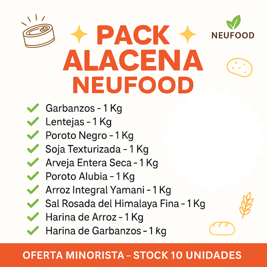 PACK ALACENA : Garbanzos 1 Kg  Lentejas 1 Kg   Poroto Negro 1 Kg   Soja Texturizada 1 Kg Arveja Entera Seca1 Kg   Poroto Alubia – 1 Kg   Arroz Integral Yasmani 1 Kg  Sal Rosada del Himalaya Fina1 Kg Harina de Arroz – 1 Kg  Harina de Garbanzos 1 Kg