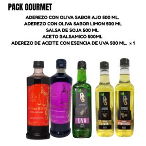 PACK GOURMET : ADEREZO CON OLIVA SABOR AJO 500 ML + ADEREZO CON OLIVA SABOR LIMON 500 ML +  SALSA DE SOJA 500 ML  + ACETO BALSAMICO 500ML  +ADEREZO DE ACEITE CON ESENCIA DE UVA 500 ML.