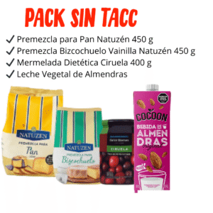 🌱 PACK SIN TACC : ✔ Premezcla para Pan Natuzén 450 g (Sin TACC)✔ Premezcla Bizcochuelo Vainilla Natuzén 450 g (Sin TACC) ✔ Mermelada Dietética Ciruela 400 g ✔ Leche Vegetal de Almendras X 1LT