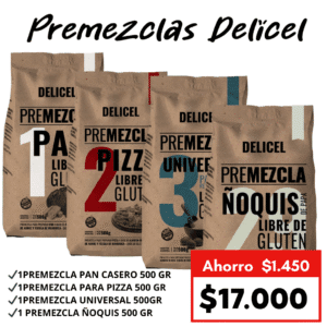 PACK DELICEL  :1PREMEZCLA PAN CASERO 500 GR +1PREMEZCLA PARA PIZZA 500 GR  +1PREMEZCLA UNIVERSAL 500GR +1 PREMEZCLA ÑOQUIS 500 GR * DELICEL