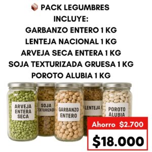 PACK LEGUMBRES PREMIUM: ✨ GARBANZOS 1K + LENTEJAS 1 k+ ARVEJA ENTERA SECA1 kg + SOJA TEXTURIZADA  1 k +POROTO ALUBIA  1kg