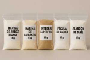 PACK BASICOS : HARINA DE ARROZ 1 KG. +HARINA INT. SUPERFINA 1 KG.  +HARINA DE GARBANZOS 1K + FECULA DE MANDIOCA 1KG + ALMIDON DE MAIZ 1KG