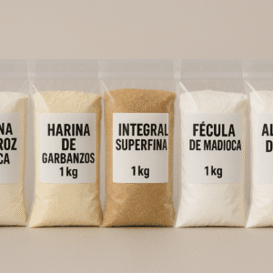 PACK BASICOS : HARINA DE ARROZ 1 KG. +HARINA INT. SUPERFINA 1 KG.  +HARINA DE GARBANZOS 1K + FECULA DE MANDIOCA 1KG + ALMIDON DE MAIZ 1KG