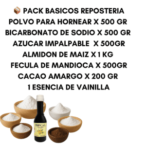 📦 PACK BASICOS REPOSTERIA : POLVO PARA HORNEAR X 500 GR *BICARBONATO DE SODIO X 500 GR *AZUCAR IMPALPABLE X 500GR *ALMIDON DE MAIZ X 1 KG *FECULA DE MANDIOCA X 500GR *CACAO AMARGO X 200 GR * 1 ESENCIA DE VAINILLA