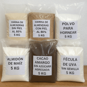 PACK REPOSTERÍA :  HARINA DE ALMENDRAS SIN PIEL AL 80%  5KG +HARINA DE ALMENDRAS CON PIEL AL 80% 5KG+ POLVO PARA HORNEAR 5KG  +ALMIDÓN DE MAÍZ 5KG+ CACAO AMARGO SIN AZ. AGREGADA 5KG + FÉCULA DE MANDIOCA 5KG