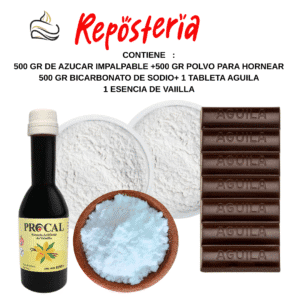 PACK REPOSTERIA : CONTIENE   :  500 GR DE AZUCAR IMPALPABLE +500 GR POLVO PARA HORNEAR  500 GR BICARBONATO DE SODIO+ 1 TABLETA AGUILA + 1 ESENCIA DE VAINILLA