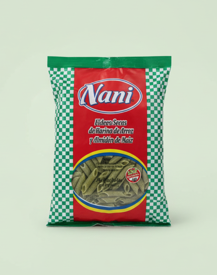 FIDEOS DE ARROZ MOSTACHOL ESPINACA 350 GRS - SIN TACC - NANI