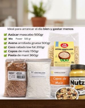COMBO ENERGIA DIARIA : ✔ Azúcar mascabo 500 gr ✔ Mix superfood 500 gr ✔ Avena arrollada gruesa 500 gr ✔ Coco rallado low fat 200 gr ✔ Copos de maíz 150 gr ✔ Pasta de maní 360 gr
