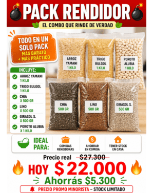PACK RENDIDOR : 1 K ARROZ YAMANI -1 K TRIGO BURGOL- 500 GR CHIA -500 GR LINO -500 GR GIRASOL - 1 K POROTO ALUBIA