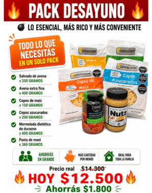 PACK DESAYUNO : ✔ PASTA DE MANÍ NUTZ X 360 GRAMOS ✔ MERMELADA CUARTO CRECIENTE DURAZNO X 400 GRAMOS ✔ COPOS AZUCARADOS CEREALCOOP X 200 GRAMOS ✔ AVENA EXTRA FINA CEREALCOOP X 400 GRAMOS ✔ COPOS DE MAÍZ CEREALCOOP X 150 GRAMOS ✔ SALVADO DE AVENA CEREALCOOP X 350 GRAMOS