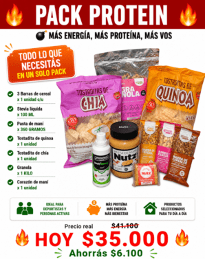 PACK PROTEIN : ✔ 3 BARRAS DE CEREAL ✔ STEVIA LÍQUIDA X 100 ML ✔ PASTA DE MANÍ X 360 GRAMOS ✔ TOSTADITAS DE QUINOA X 1 UNIDAD ✔ TOSTADITAS DE CHÍA X 1 UNIDAD ✔ GRANOLA X 1 KILO ✔ CORAZÓN DE MANÍ X 1 UNIDAD